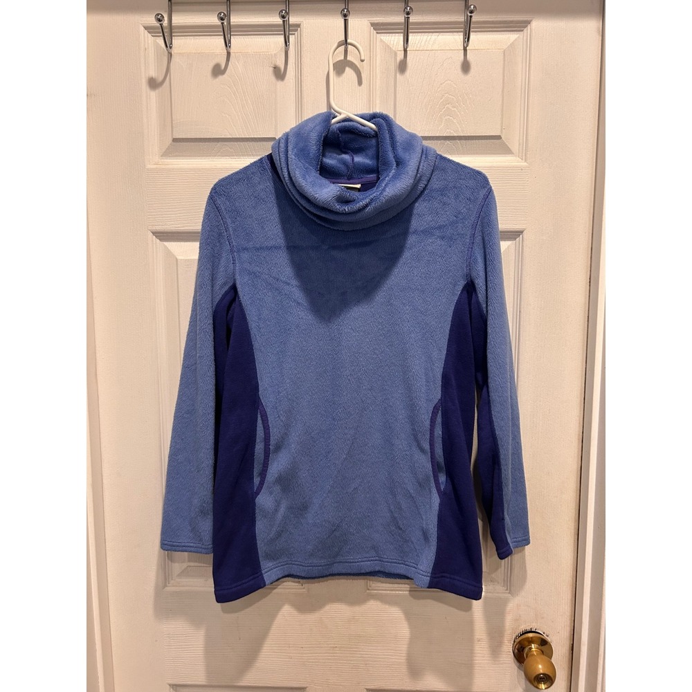 LL Bean Womens Blue Cowl Neck Fleece Pullover Pockets Size L 14-16 500113